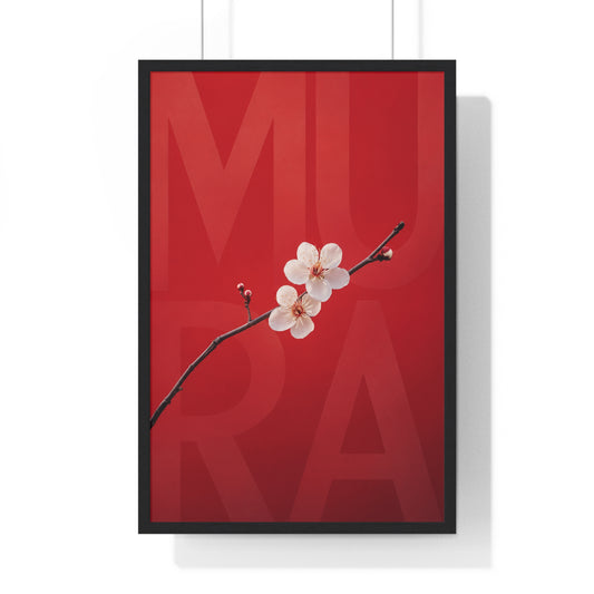Vue du poster encadré Flower de Mura : branche de cerisier en fleurs sur fond rouge, lettres MURA ton sur ton