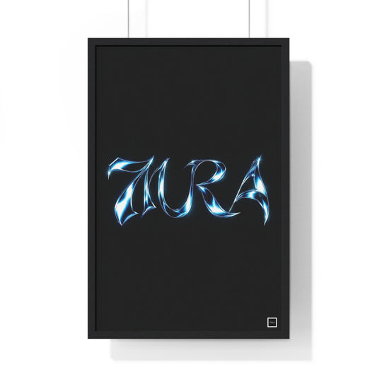 Vue du poster encadré 7URA de Mura : lettres chromées bleu glacier sur fond noir