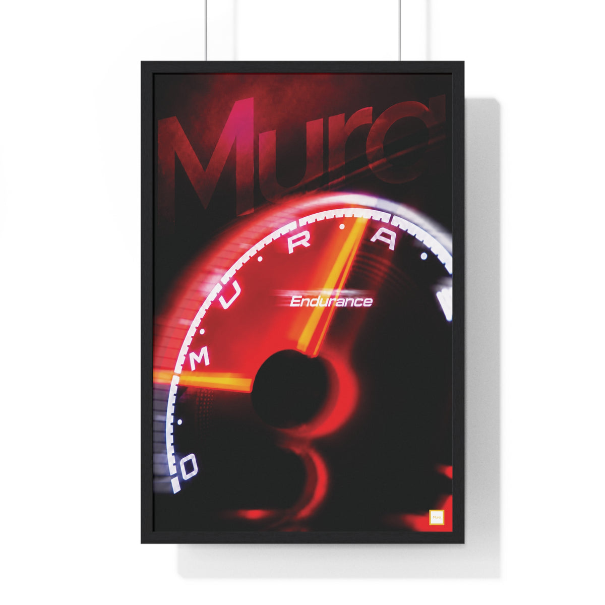Vue du poster encadré Compte-tours de Mura : compte-tours rouge incandescent dont les graduations forment MURA