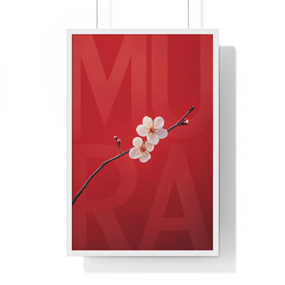 Poster encadré Flower de Mura : branche de cerisier en fleurs sur fond rouge, lettres MURA ton sur ton