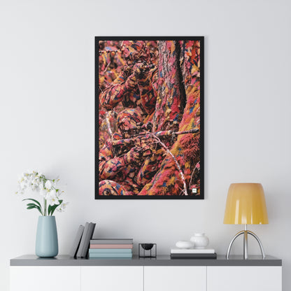 Vue du poster encadré Soldats Visages de Mura : soldats fondus dans un camouflage rouge, rose et bleu