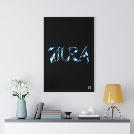 Vue du poster encadré 7URA de Mura : lettres chromées bleu glacier sur fond noir