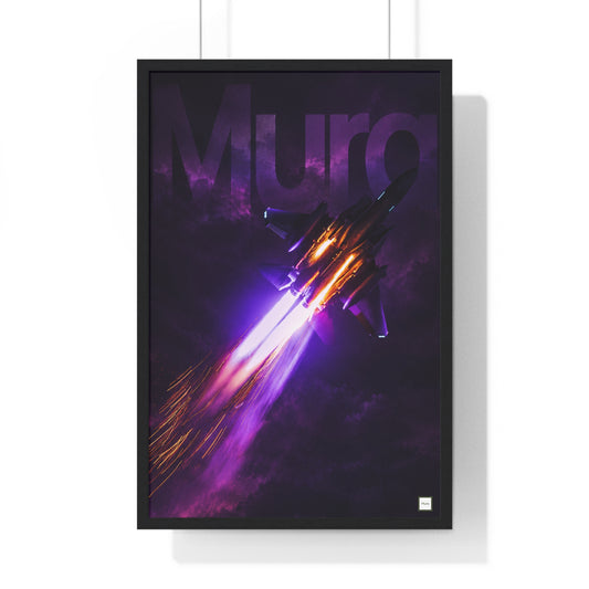 Vue du poster encadré Décollage de Mura : avion de chasse et traînée de feu dans un ciel violet