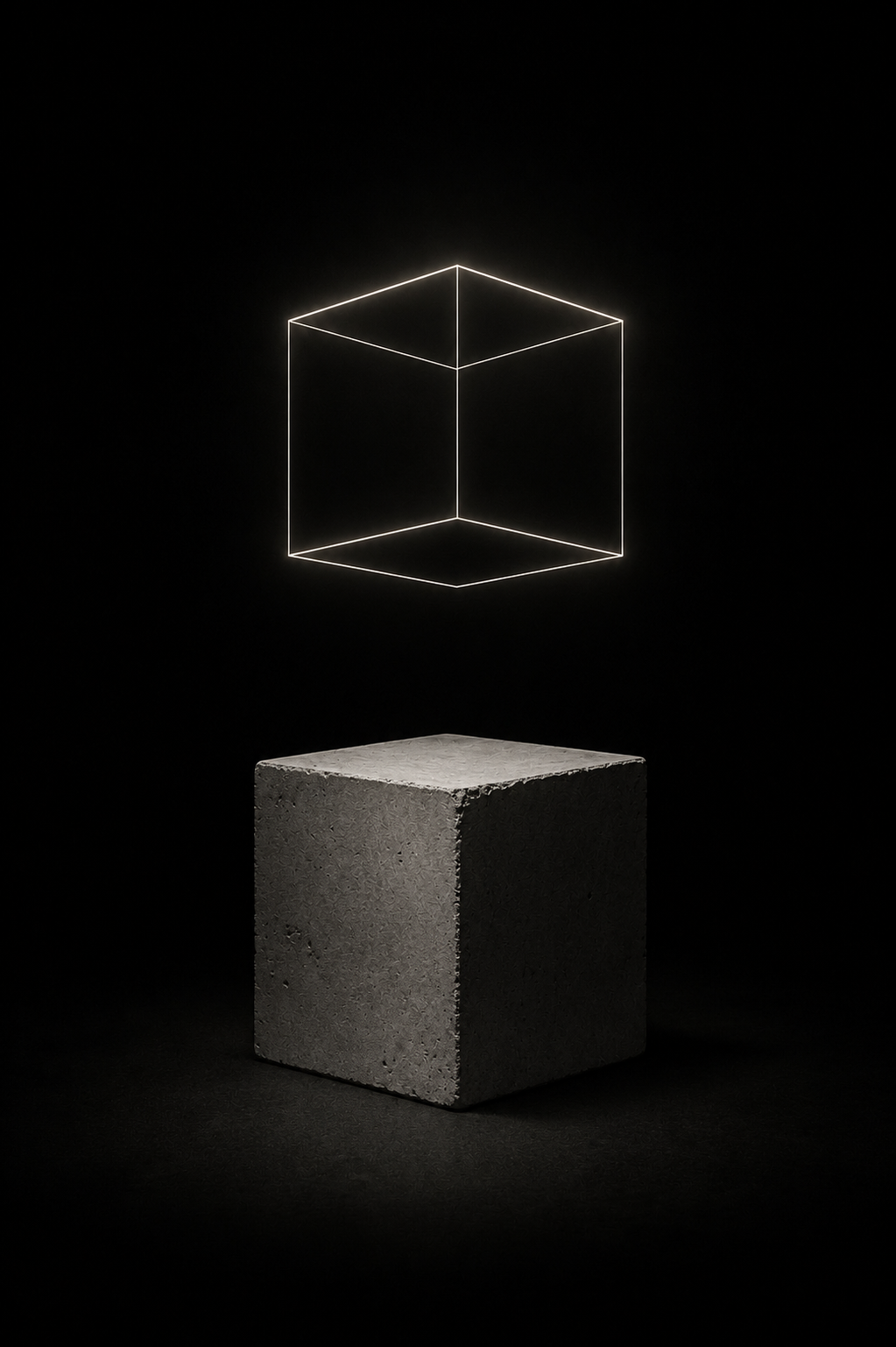 Cube de verre lumineux au-dessus d'un socle, dans le noir